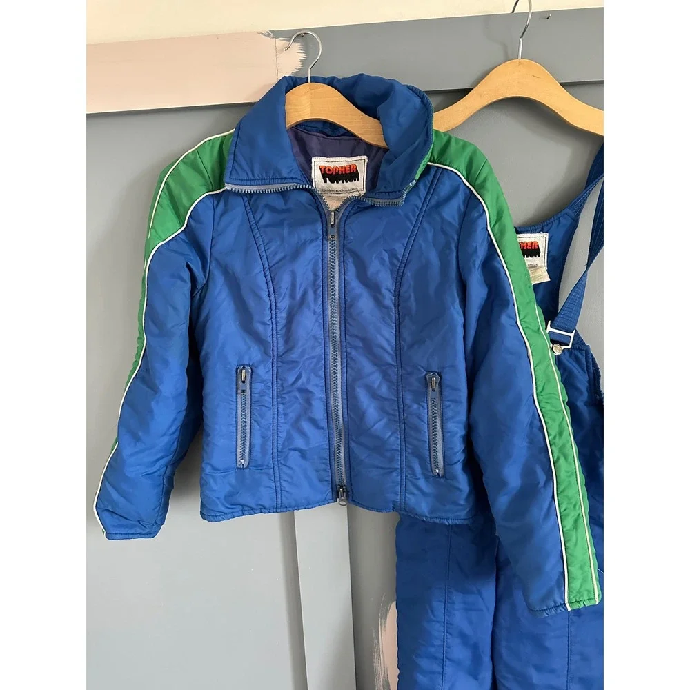 Vintage Topher Ski Suit Set Blue Green Jacket Bib Overalls Women Retro 2 Piece